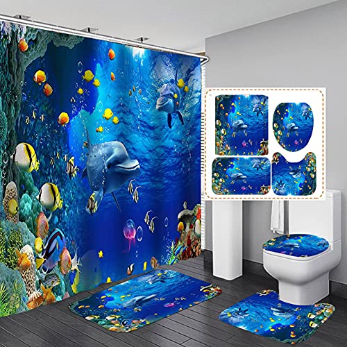 4PCS/Set Cute Dolphin Shower Curtain, Tropical Fish Jellyfish Coral Seaweed