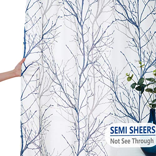 White Blue Semi-Sheer Curtains 96-inches for Living Room Navy Grey Branches Printed