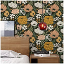 Vintage Large Floral Peel and Stick Wallpaper Removable Daisy Leaf Black