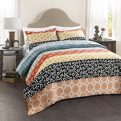 Bohemian Striped Quilt Reversible 3 Piece Bedding Set, King, Turquoise