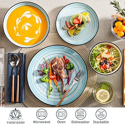 Blue Dinner Set, 24 Pieces Stoneware Dinnerware Set, Handpainted Spirals Pattern