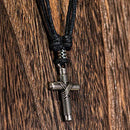 Wrapped Cross Pendant on Adjustable Black Rope Cord Necklace (Antique Silver)