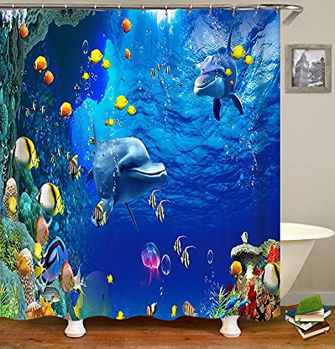 4PCS/Set Cute Dolphin Shower Curtain, Tropical Fish Jellyfish Coral Seaweed