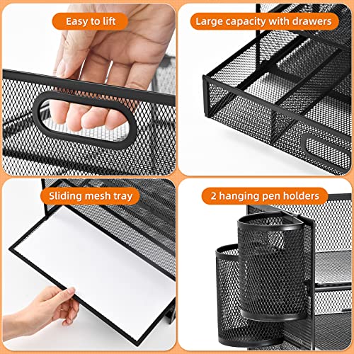 Lavatino 5 Tray Desk Organizer with Drawer, Mesh Paper Letter Tray Organizer with Handle and 2 Pen Holder, Desktop File Organizer and Storage for Letter/A4 Office File Folder