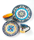 Euro Ceramica Zanzibar Collection 16 Piece Dinnerware Set Kitchen and Dining, Service for 4, Spanish Floral Design, Multicolor, Blue and Yellow