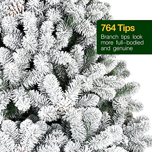 6ft Snow Flocked Artificial Christmas Tree with Pine Cones, 764 Tips, Metal Stand