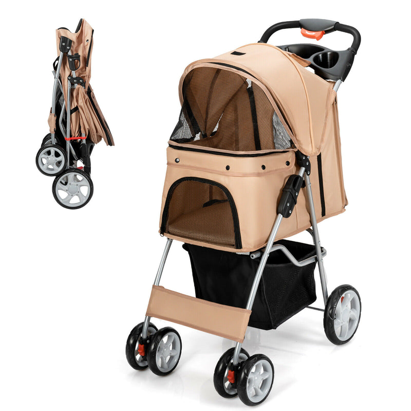 Foldable Pet Stroller 4-Wheel Cat Dog Travel Carrier w/ Storage Basket