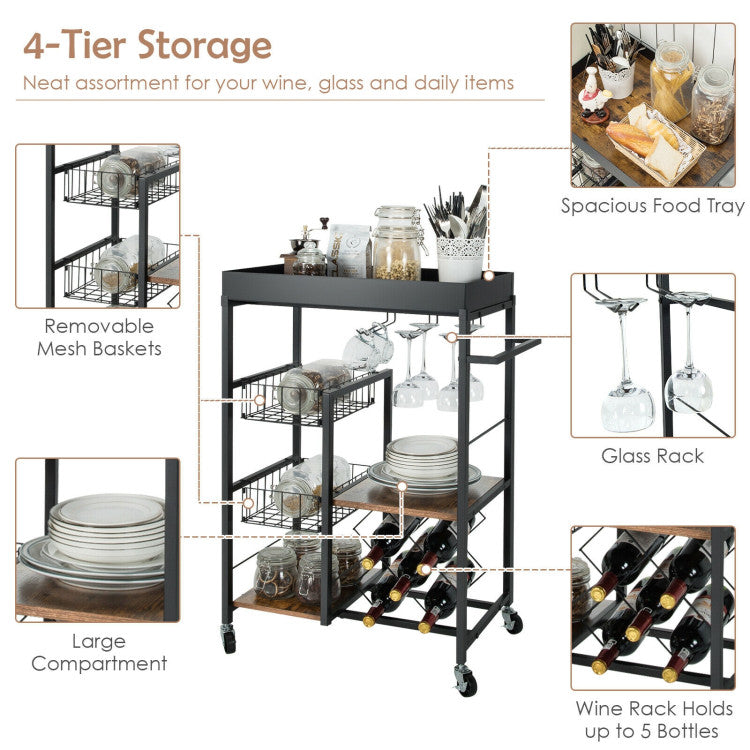 4-Tier Kitchen Bar Cart with Wine Rack