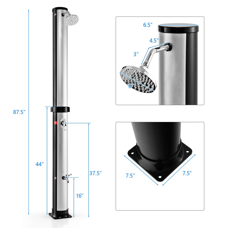 7.2 FT 10 Gallon Solar Heated Shower w/Adjustable Head & Foot Tap Spigot Silver