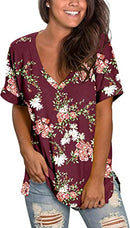 NILOUFO Womens Summer Casual T Shirts V Neck Rolled Sleeve Loose Side Split Tops(A:Flower Wine Red, Medium)