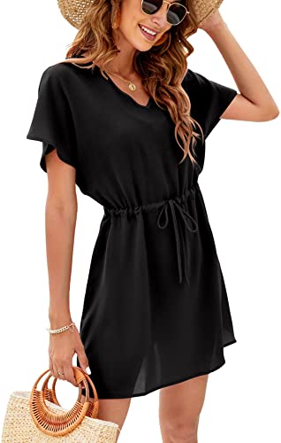 Bluetime Women Casual Sexy Swim Cover up V-Neck Summer Beachwear Coverups Flowy Short Sleeve Mini Beach Dress