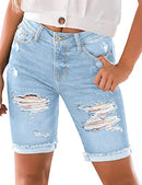 luvamia Women High Waisted Stretch Bermuda Shorts Ripped Rolled Hem Jean Shorts