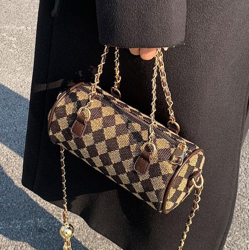 Checkerboard Shoulder Bag for Women Brown Retro Leather Classic Purse