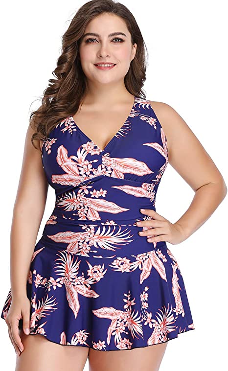 acbzupf Women's Plus Size Swimsuits Flower Printing Shaping Body Two Piece Swim Dresses Swimsuit with Shorts