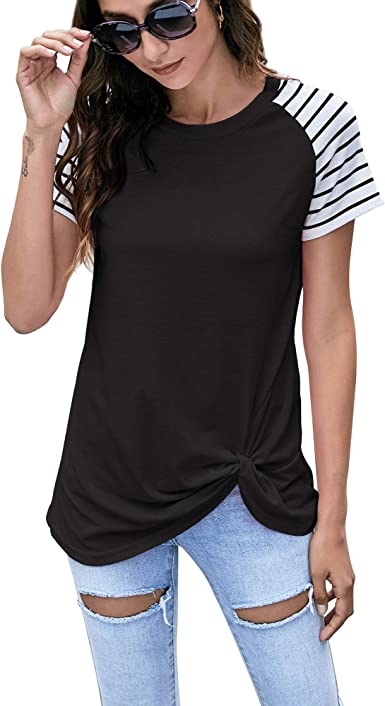 koitmy Women's Short Sleeve Raglan Twist Knotted Tops T Shirt Tunics Blouses