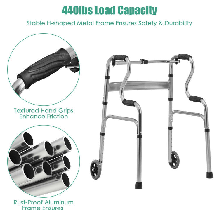 Adjustable Heavy-Duty Folding Walker with Unidirectional Wheels and Bi-Level Armrests