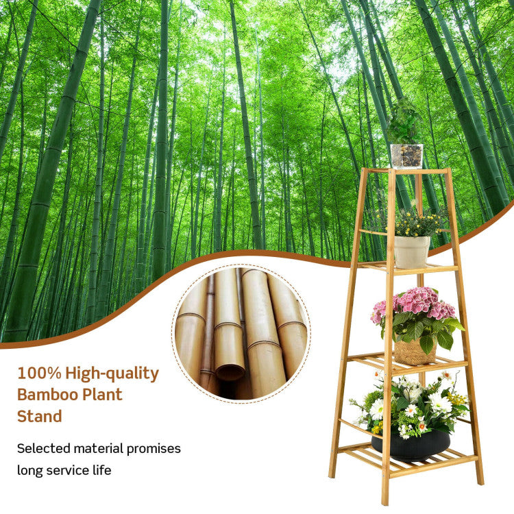 4-Potted Bamboo Tall Plant Holder Stand - Natural