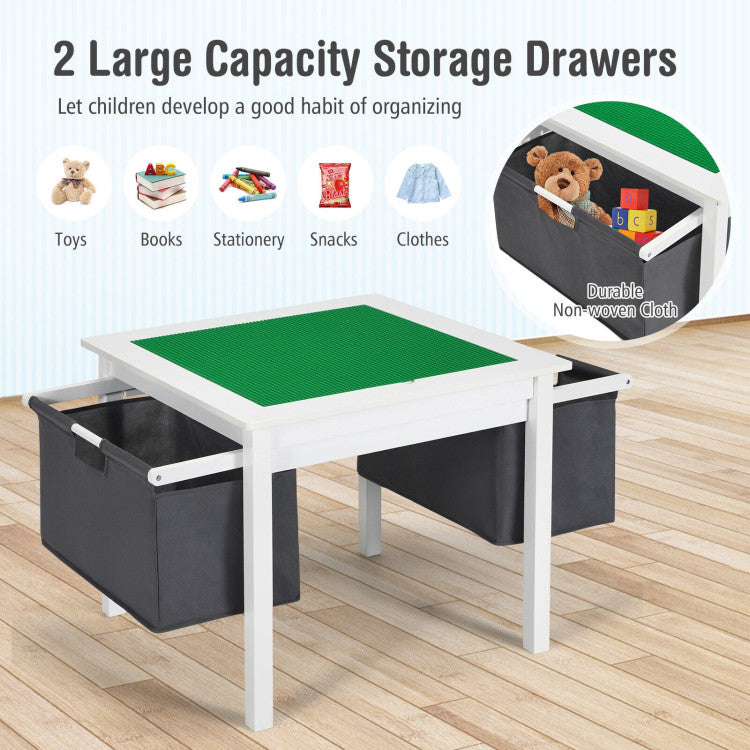 2-in-1 Kids Double-sided Activity Building Block Table with Drawers - White