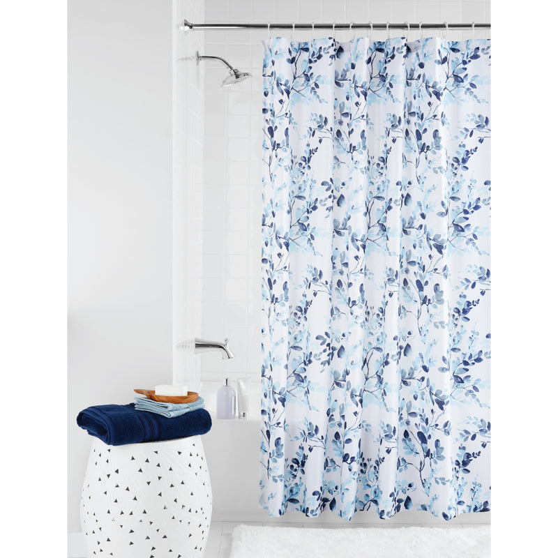 Mainstays Watercolor Botanical Floral Fabric Shower Curtain, 70" x 72", Blue