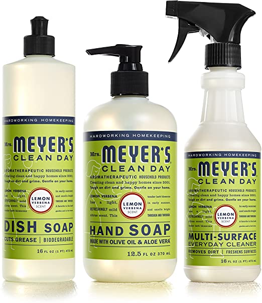 Mrs. Meyer's Kitchen Essentials Set, Includes: Hand Soap, Dish Soap, and All Purpose Cleaner, Lemon Verbena, 3 Count Pack