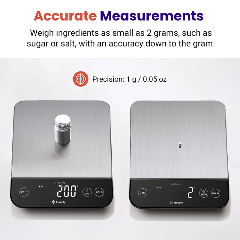 Food Kitchen Scale 22lb, Digital Weight Grams and Oz for Weight Loss, Baking and Cooking, 0.05oz/1g Precise Graduation,5 Weight Units, IPX6 Waterproof, USB Rechargeable,304 Stainless Steel