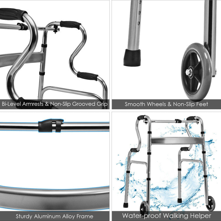 Adjustable Heavy-Duty Folding Walker with Unidirectional Wheels and Bi-Level Armrests