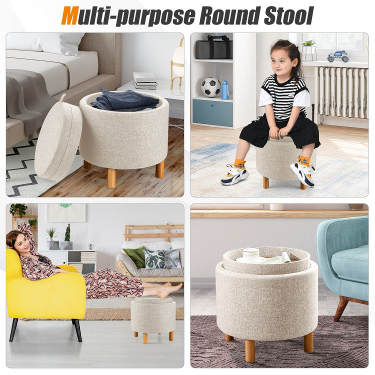 Round Storage Ottoman with Tray Top Accent Padded Footrest