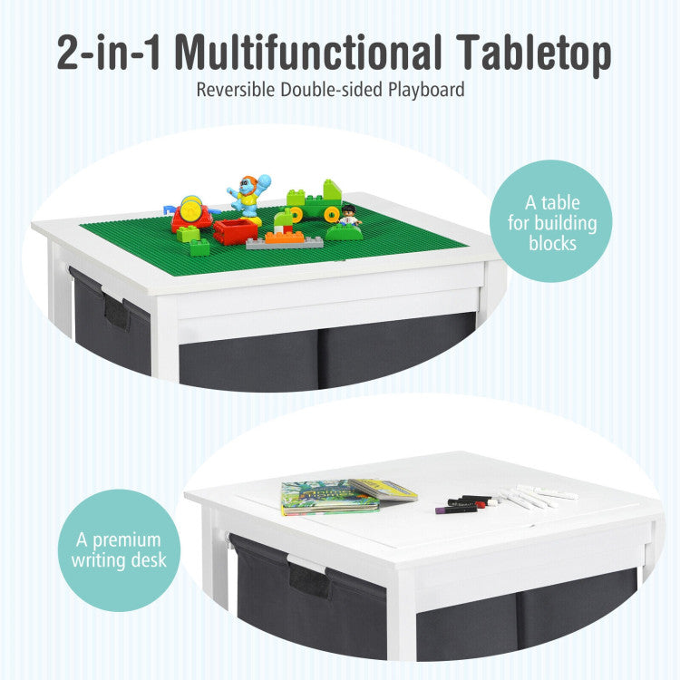 2-in-1 Kids Double-sided Activity Building Block Table with Drawers - White