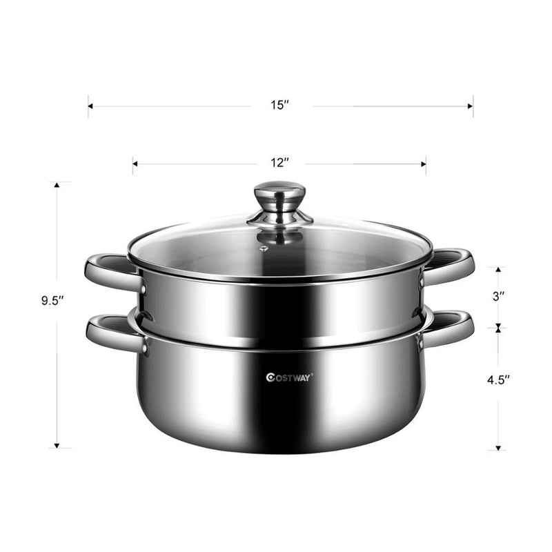 9.5 QT 2 Tier Stainless Steel Steamer Pot Cookware Boiler w/ Tempered Glass Lid