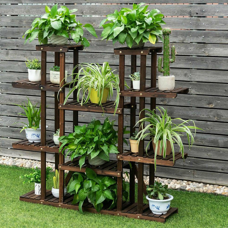 9 Tier Wood Plant Stand 45” High Carbonized 17 Potted Flower Shelf Rack Holder