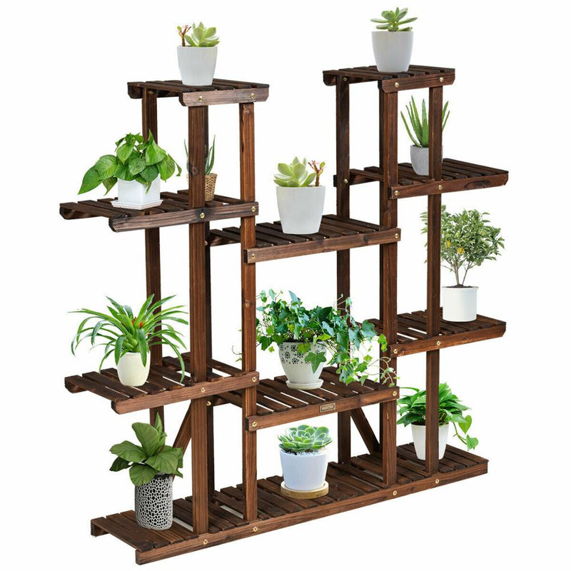 9 Tier Wood Plant Stand 45” High Carbonized 17 Potted Flower Shelf Rack Holder