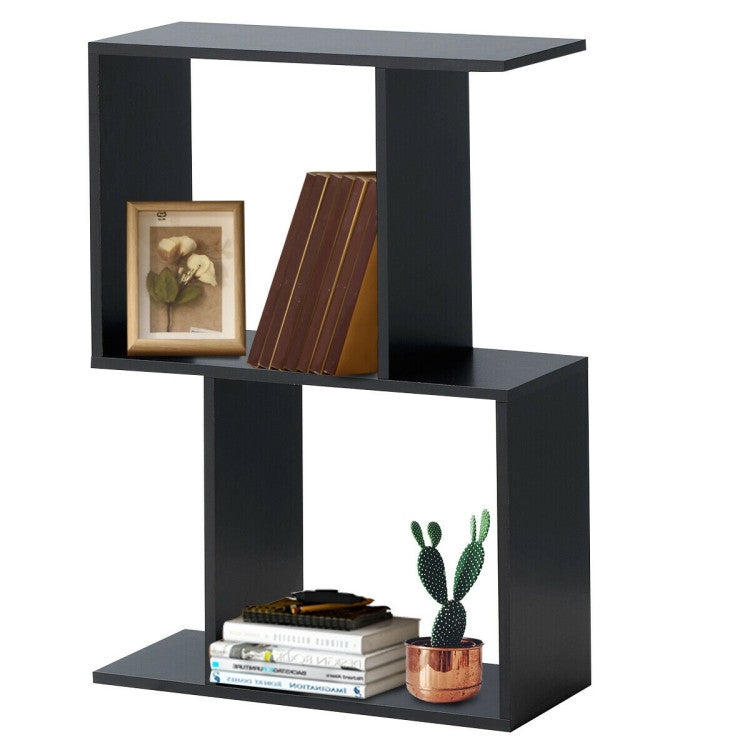 2 Tiers Wooden S-Shaped Bookcase for Living Room Bedroom Office