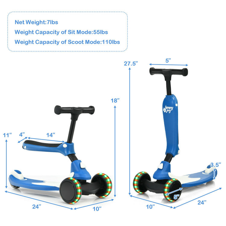 2 in 1 Kids Kick Scooter with Flash Wheels for Girls Boys from 1.5 to 6 Years Old - Blue