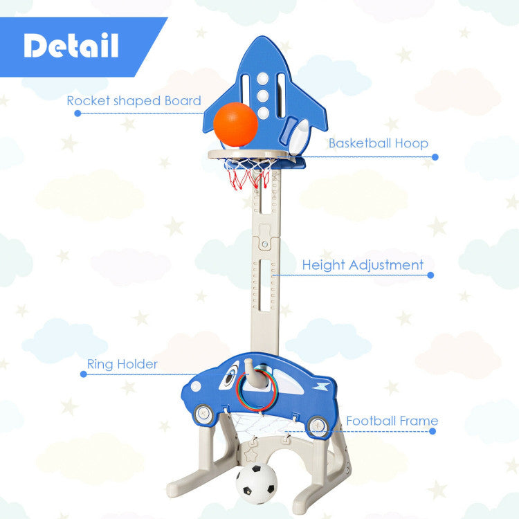 3-in-1 Basketball Hoop for Kids Adjustable Height Playset with Balls Blue