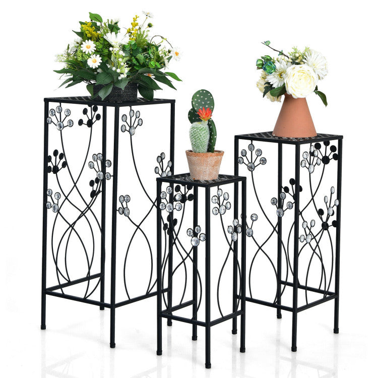 3 Pieces Metal Plant Stand Set with Crystal Floral Accents Square