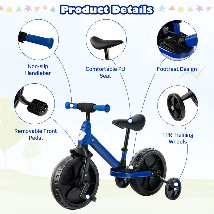 4-in-1 Kids Training Bike Toddler Tricycle with Training Wheels and Pedals - Blue