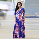 V Neck Women Robe Dress Half Sleeve Floral Long Dress Size S-5XL