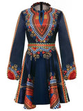 Dashiki Print Short Dress With Long Sleeves Collar Back Bet Tie Dress Front Slit Open Wear