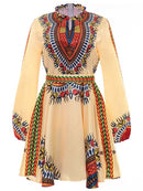 Dashiki Print Short Dress With Long Sleeves Collar Back Bet Tie Dress Front Slit Open Wear