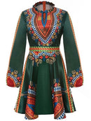 Dashiki Print Short Dress With Long Sleeves Collar Back Bet Tie Dress Front Slit Open Wear