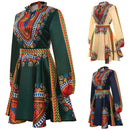 Dashiki Print Short Dress With Long Sleeves Collar Back Bet Tie Dress Front Slit Open Wear