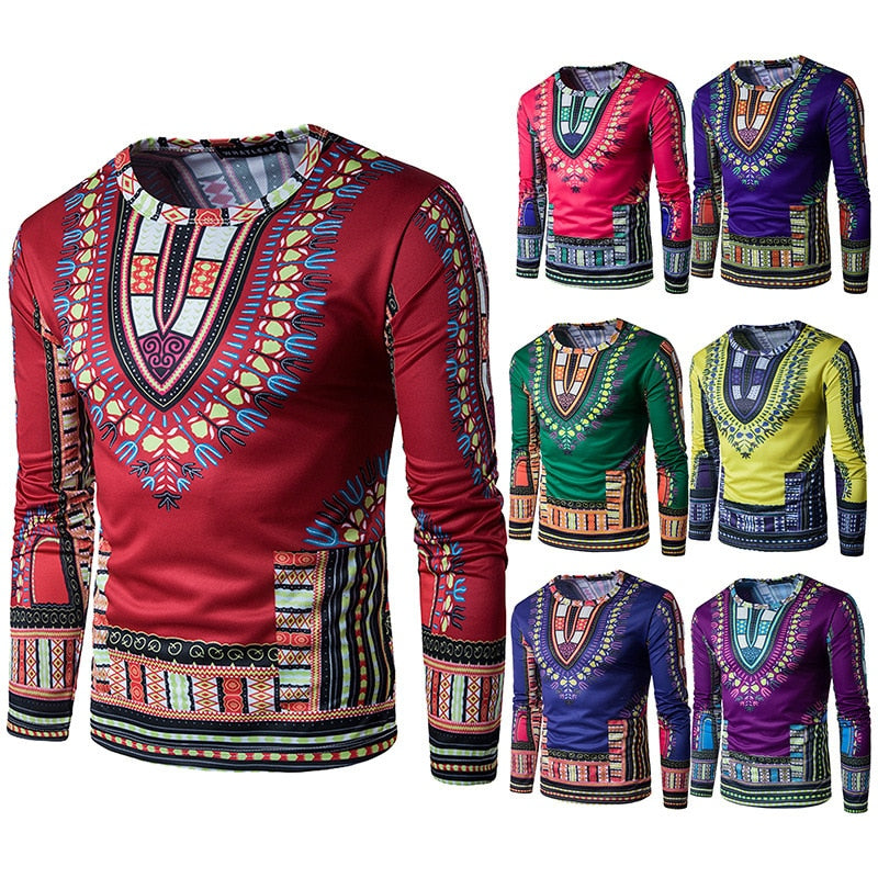 African Long Sleeved T-shirt Printing Men Clothes