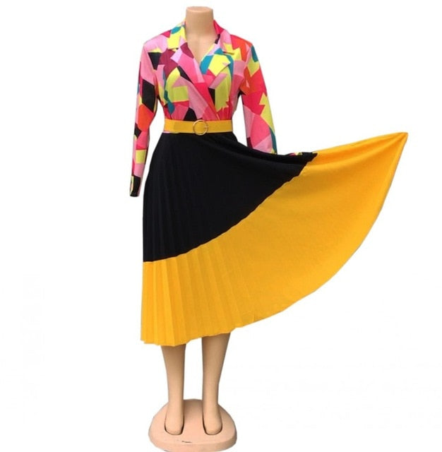 Geometric Print Pleated Long Maxi Dress Casual Cute Dashiki Africa Clothing