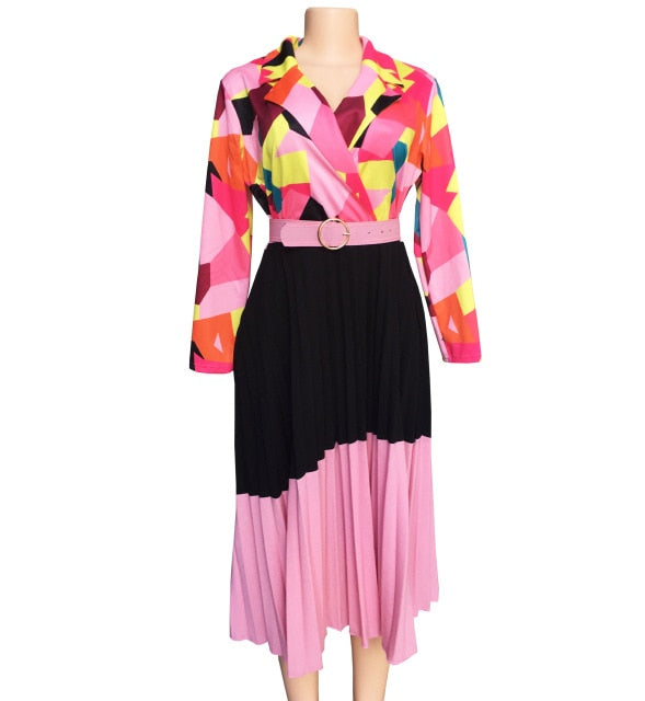 Geometric Print Pleated Long Maxi Dress Casual Cute Dashiki Africa Clothing