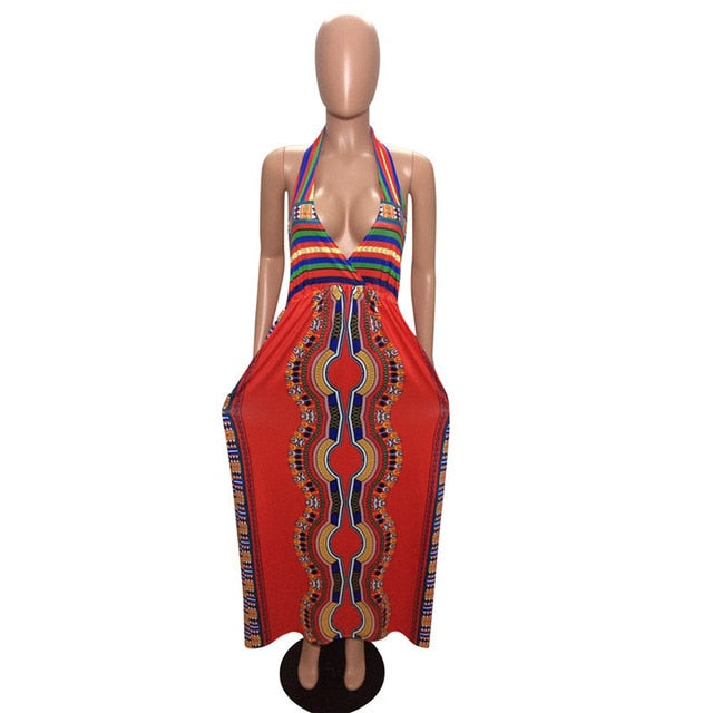 Totem Pattern Halter Evening Attire Long Dashiki Dress African Traditional Clothing