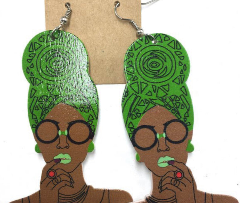 African Lady HeadWrap Wooden Earrings
