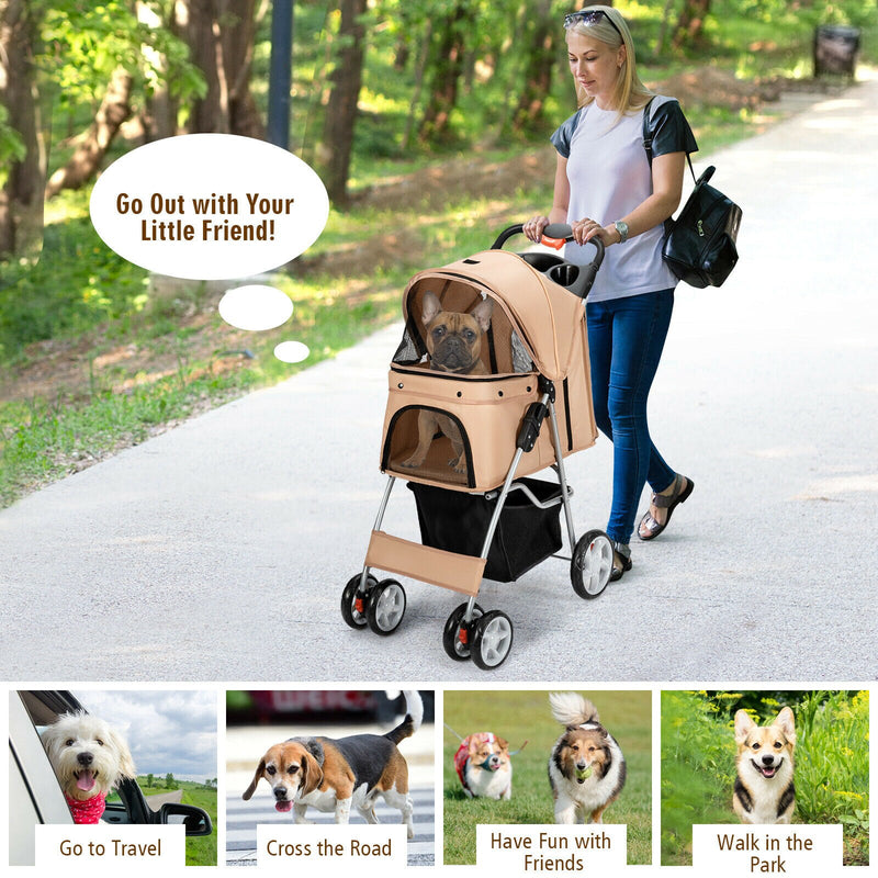 Foldable Pet Stroller 4-Wheel Cat Dog Travel Carrier w/ Storage Basket
