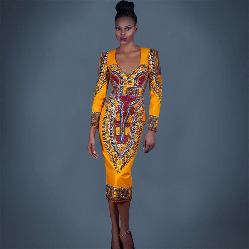 Classic Print African Women Dress Hollow Back Long Sleeves Dress