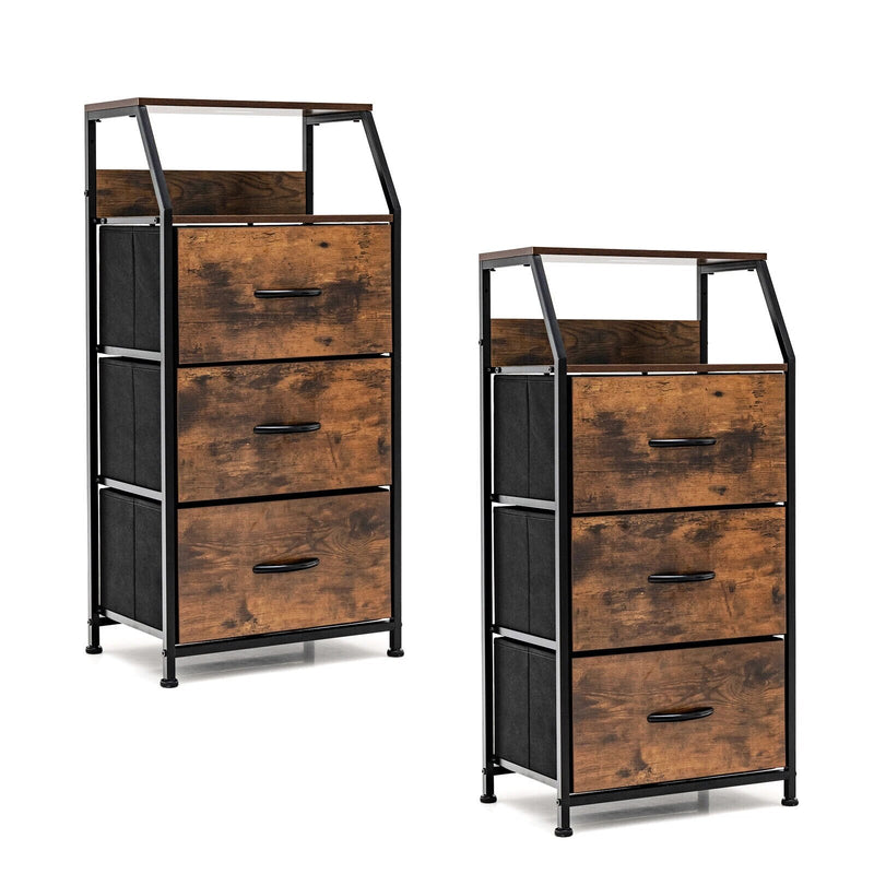 2 PCS 3 Drawer Dresser w/ Wood Top Sturdy Steel Frame Storage Organizer Dresser