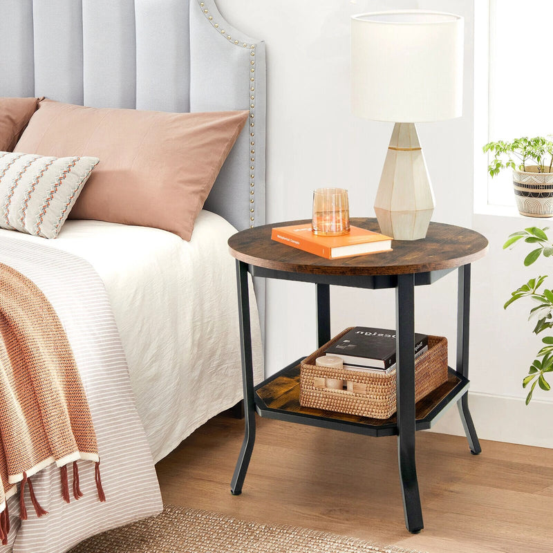 2-Tier Sofa End Side Table Nightstand Round Tabletop for Living Room Brown